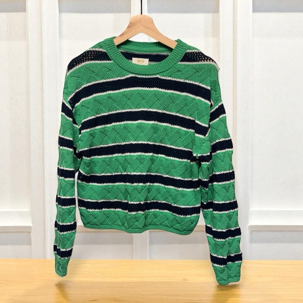 Maeve by Anthropologie Green and Black Striped Crewneck Sweater